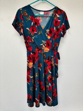 Kaileigh Teal Wrap Midi Dress with Red Floral Print